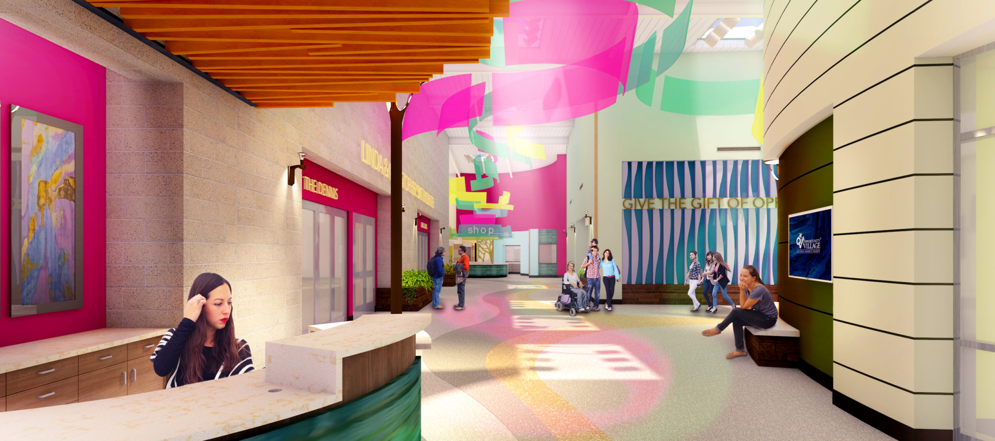 A rendering of the lobby of Opportunity Village Oakey Campus, designed with architectural sustainability in mind.