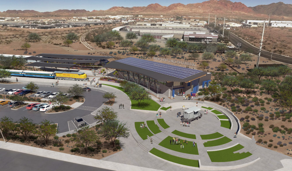 An aerial rendering of the proposed Boulder City Railroad Museum visitor center, designed by LGA Architecture.
