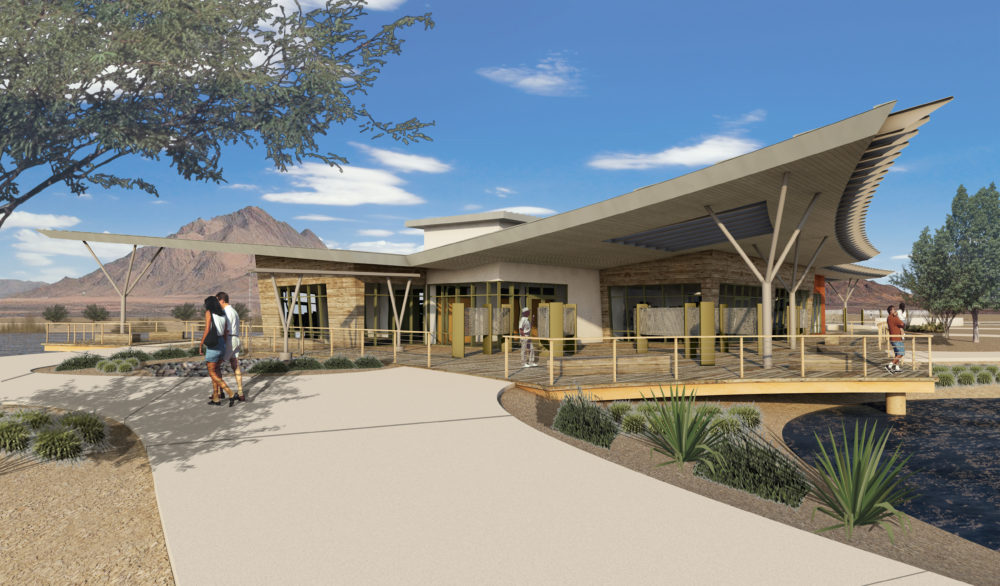 An exterior rendering of the proposed visitor center at the Henderson Bird Viewing Preserve, designed by LGA Architecture.