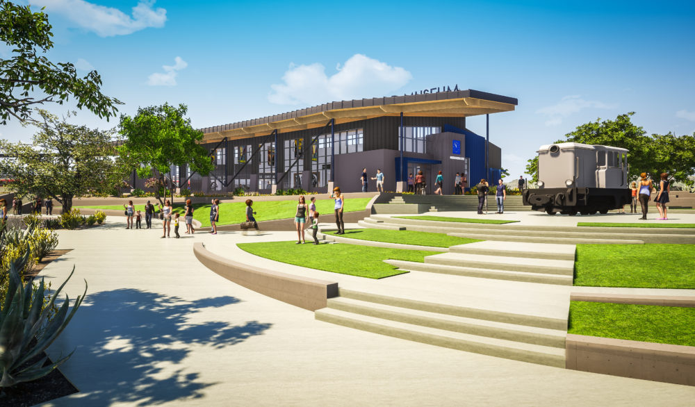 An exterior rendering of the proposed Boulder City Railroad Museum visitor center, designed by LGA Architecture.