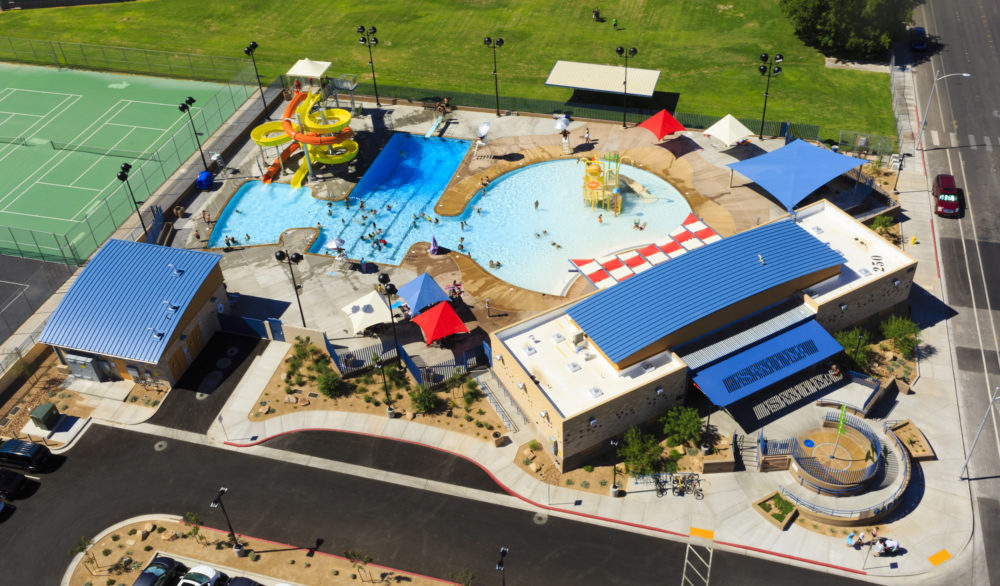 An aerial view of the fully renovated Garside Pool, designed by LGA Architecture.