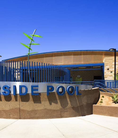 The main front signage at Garside Pool, designed by LGA Architecture.
