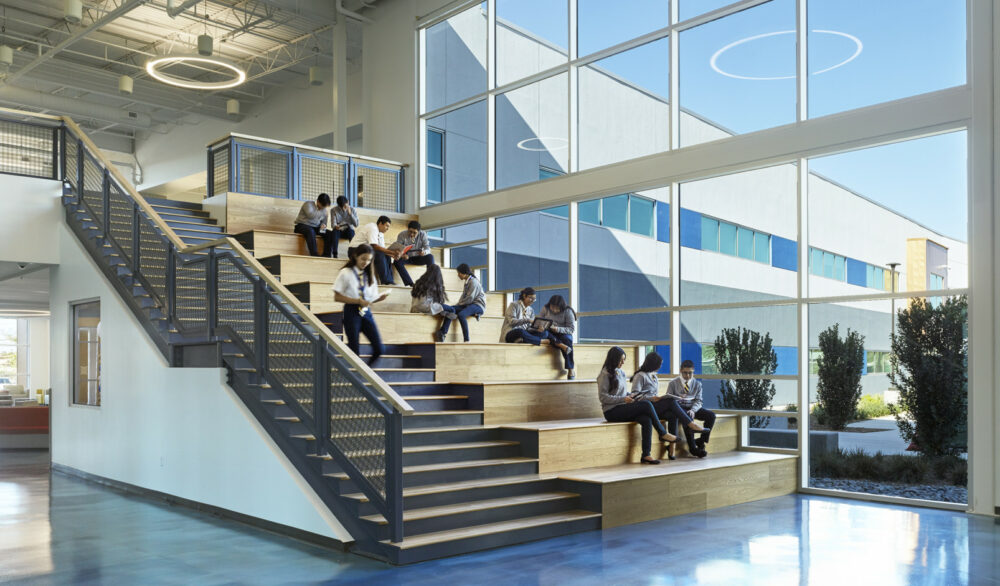 The main stairs at Cristo Rey St. Viator College Preparatory Academy, education design by LGA Architecture.