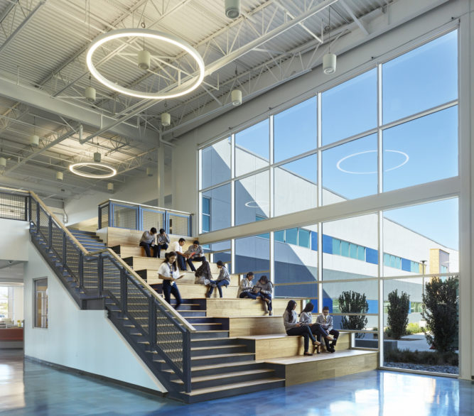 The main stairs at Cristo Rey St. Viator College Preparatory Academy, education design by LGA Architecture.