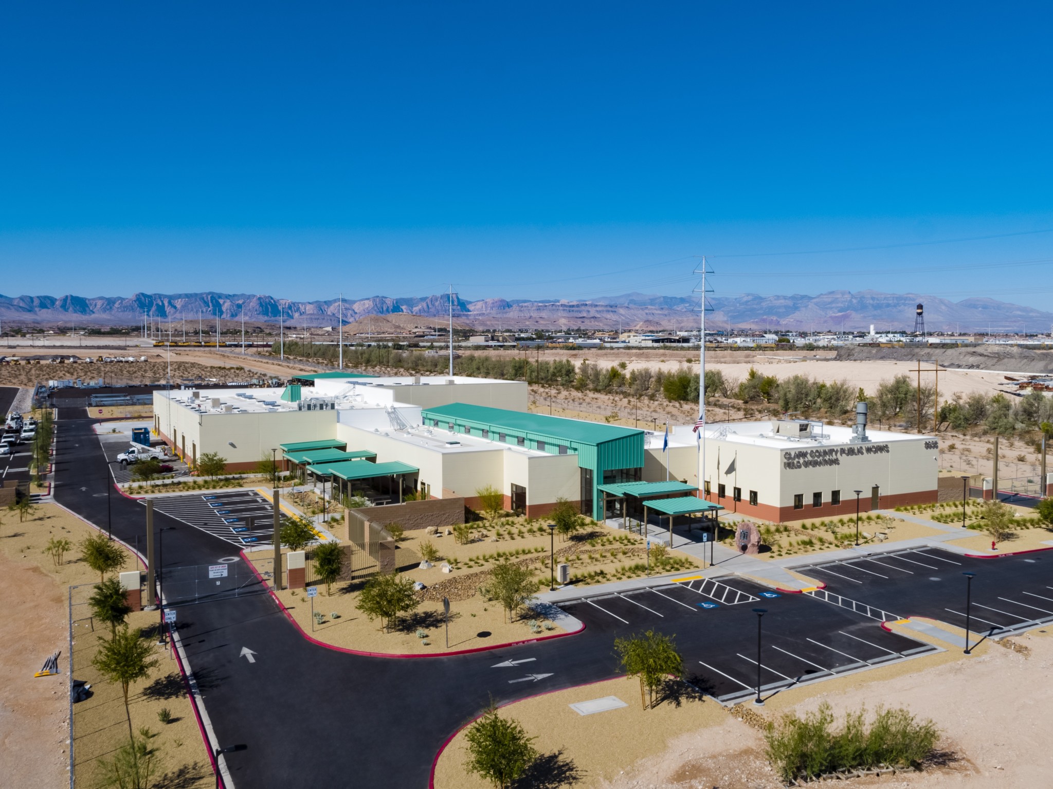 An aerial view of the completed Clark County Public Works multi-use facility in Southwest Las Vegas, designed by LGA Architecture.
