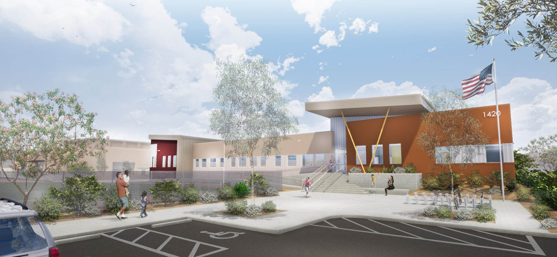 A rendering of the front exterior of the Sandy Valley School K-12 facility, designed by LGA Architecture.
