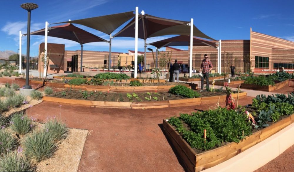 A panoramic view of the Ruffin Organic Gardens, Alexander Dawson School at Rainbow Mountain designed by LGA Architecture.